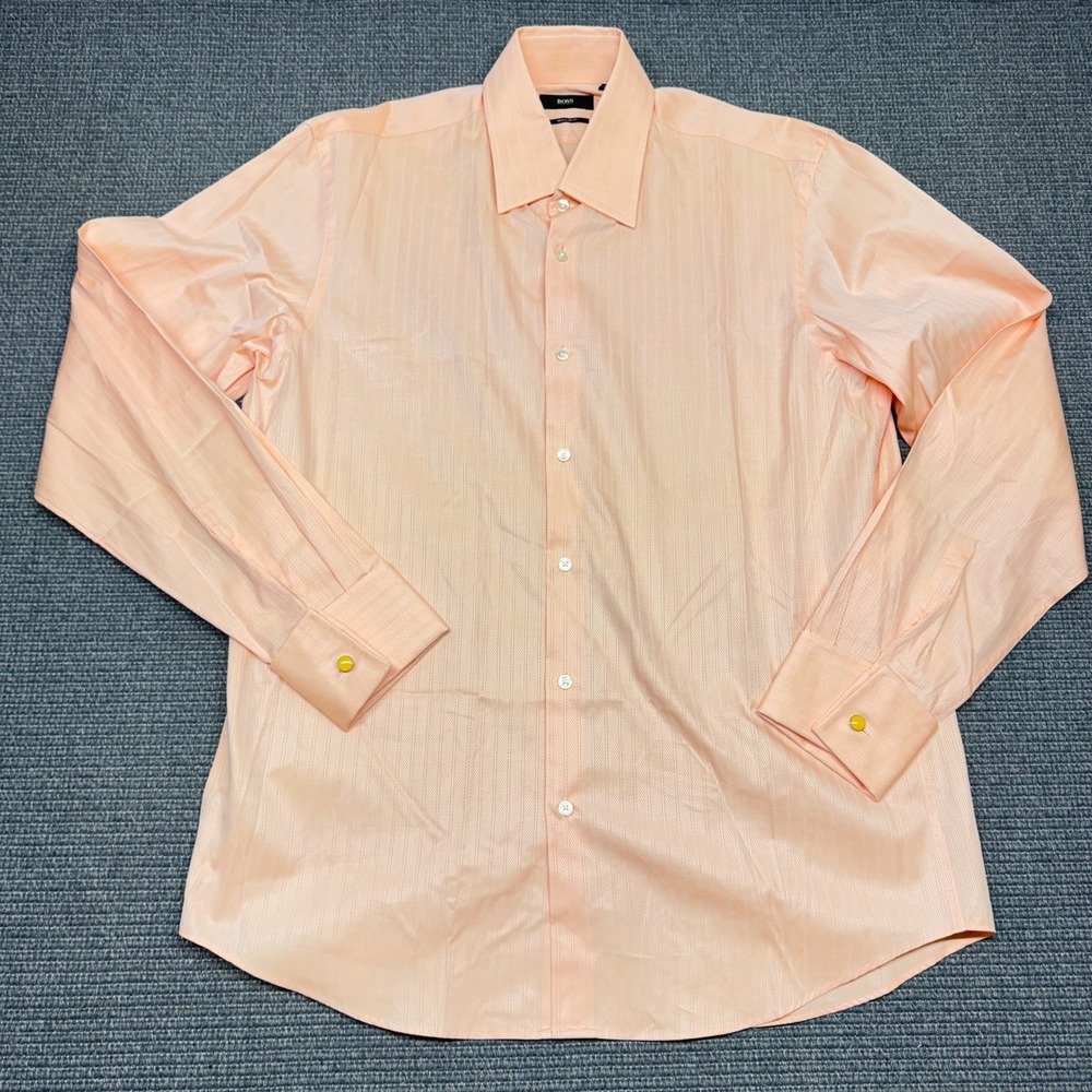 Hugo Boss Mens Peach Patterned Dress Shirt Regular Fit 16 34/35 French Cuffs